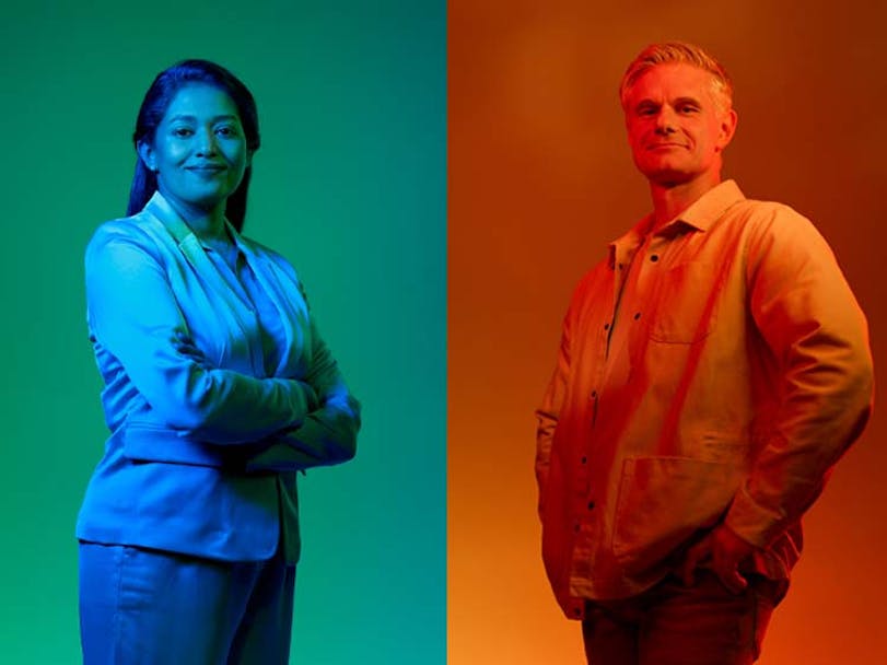 Composite image of two Porsche employees in a studio
