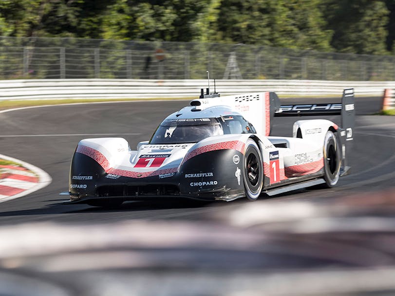 Front view of Porsche 919 Hybrid Evo, driving at Nürburgring