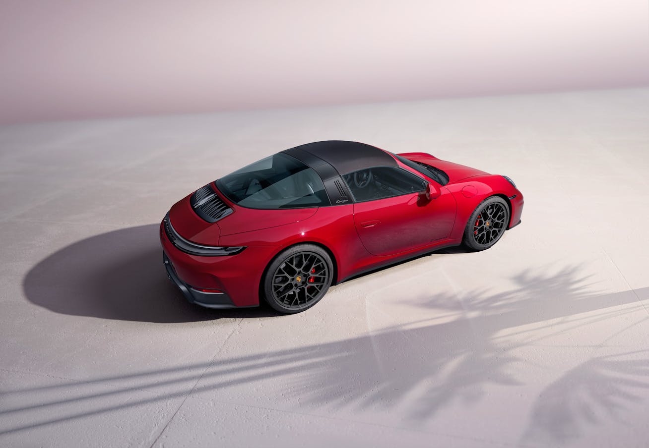 Porsche 911 Targa (type 992.2), in grey studio with shadows of palm trees on the floor