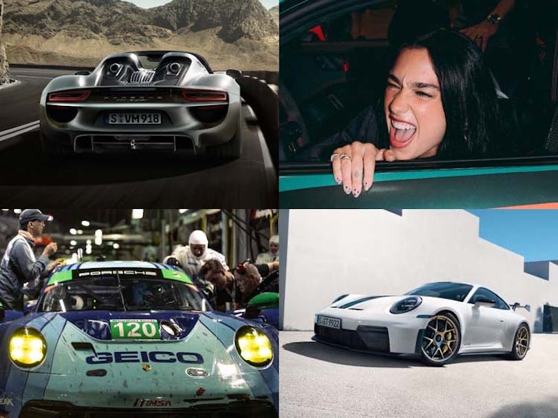 Composite image of Porsche 911 GT3, Dua Lipa in a Porsche 911 and a Porsche 918 Spyder 
