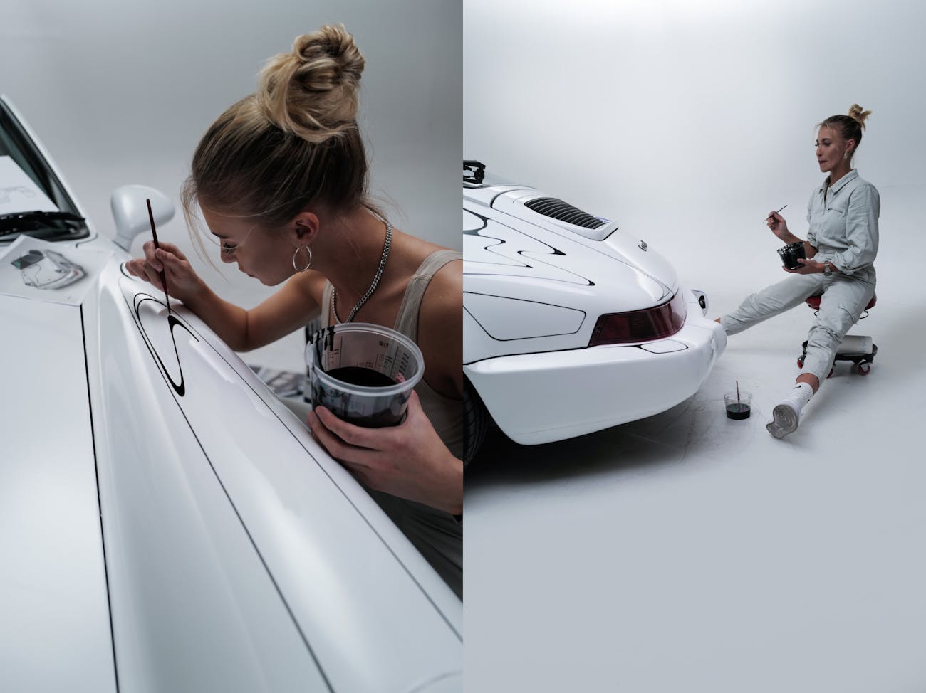 Woman hand-painting black lines on white Porsche 964