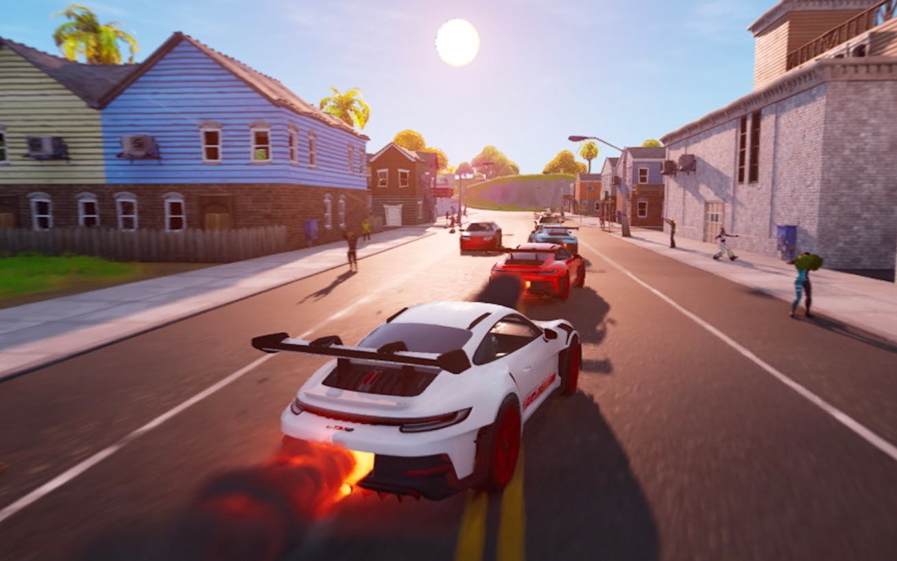 Screenshot from Fortnite of Porsche 911 GT3 RS driving