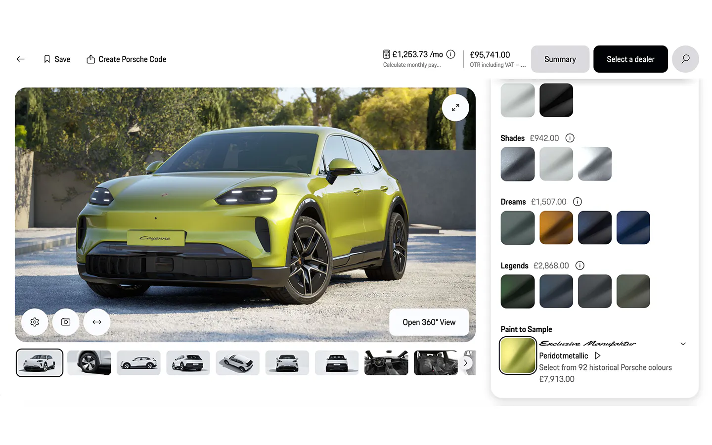 Screenshot of Porsche Cayenne Electric in Peridot Metallic Paint To Sample paint in final page of Colour Configurator