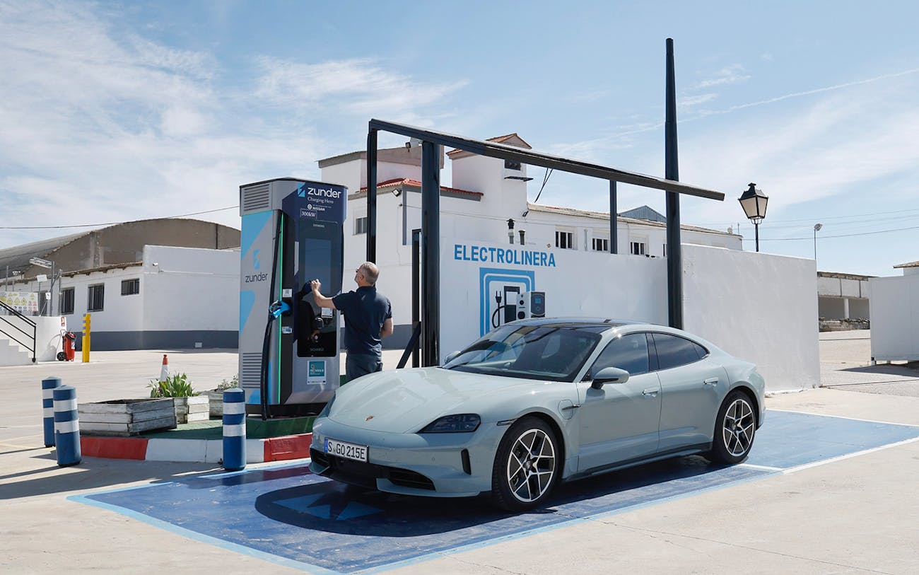 Porsche Taycan charging at a charging station in Spain