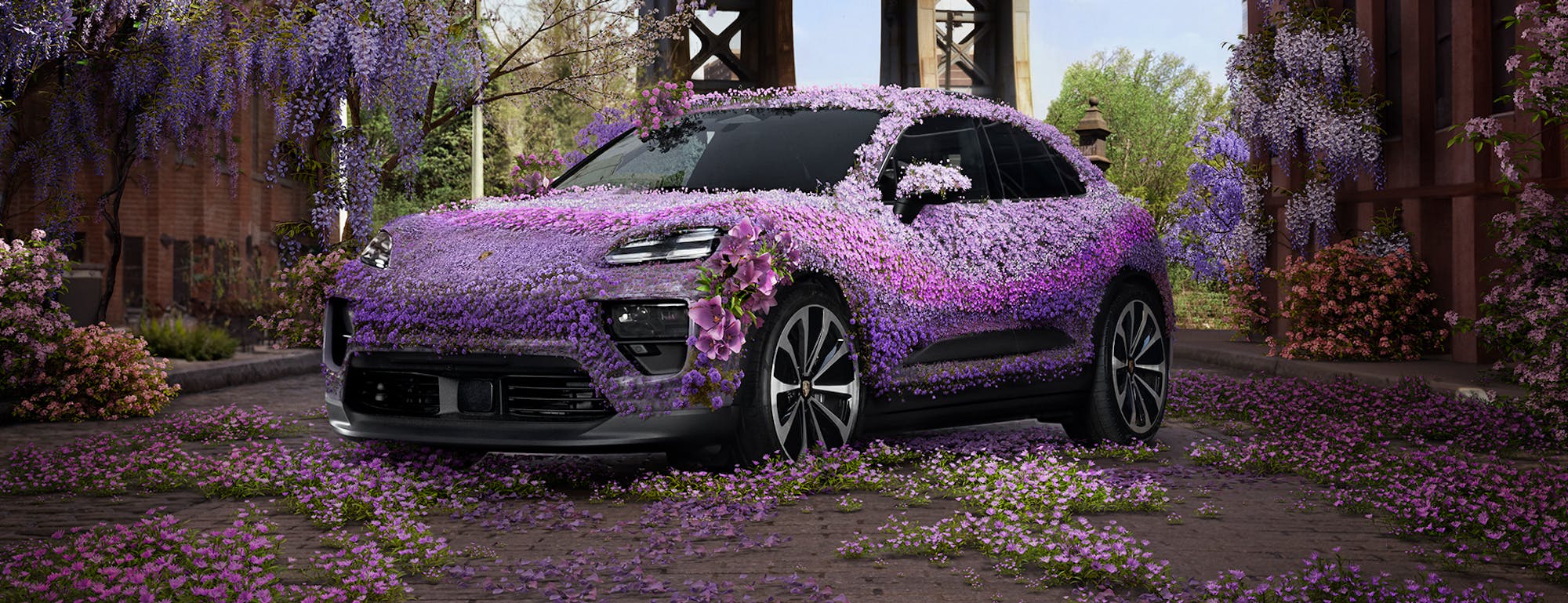Porsche Macan covered in purple-coloured wisteria flowers