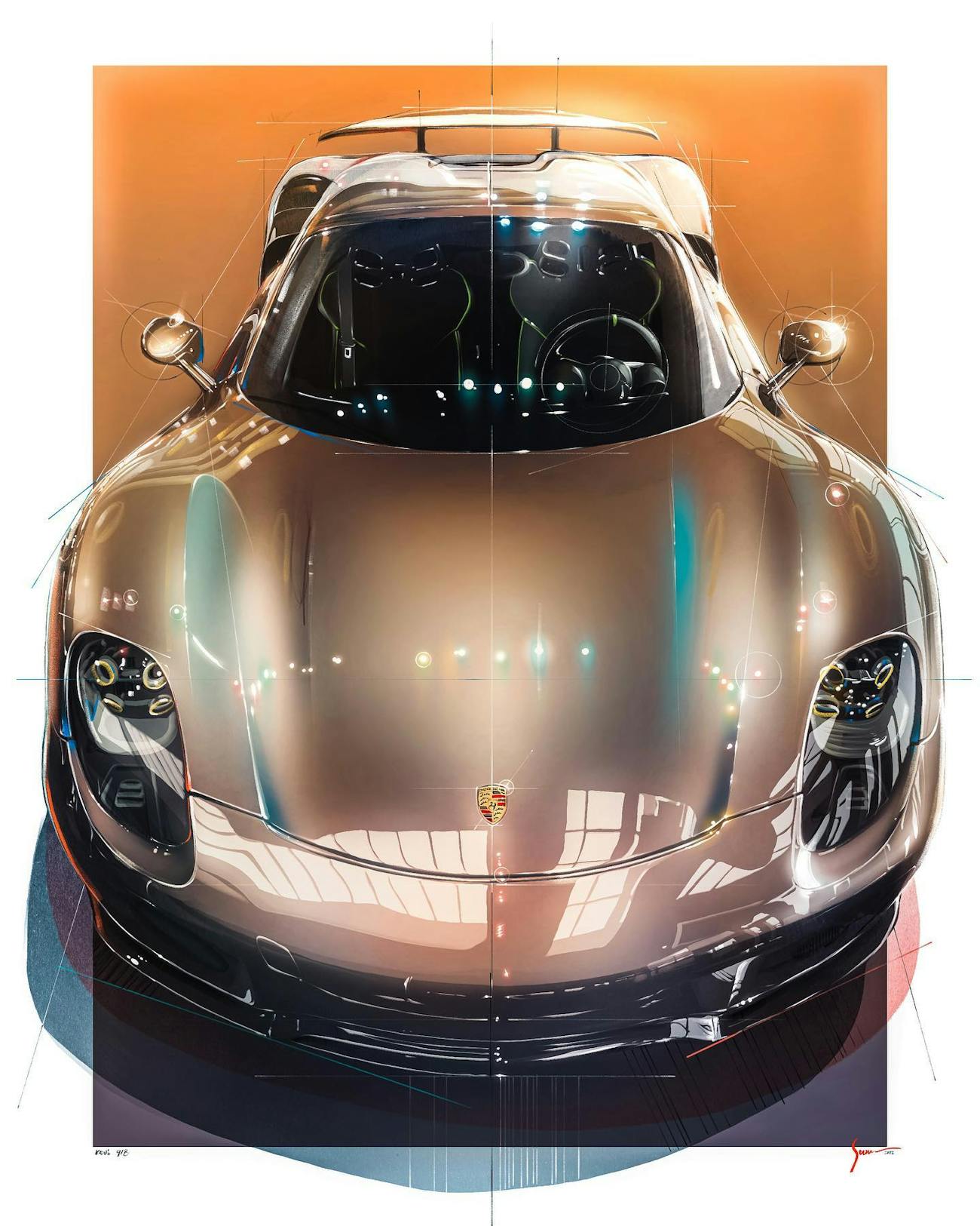 Painting of Porsche 918 Spyder, head-on view of car
