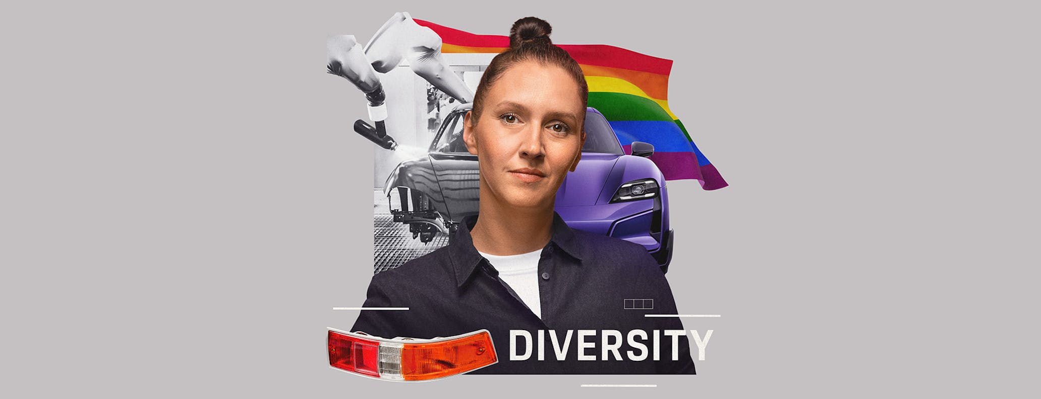 Composite image of a woman Porsche worker with a Porsche Taycan and rainbow flag in the background