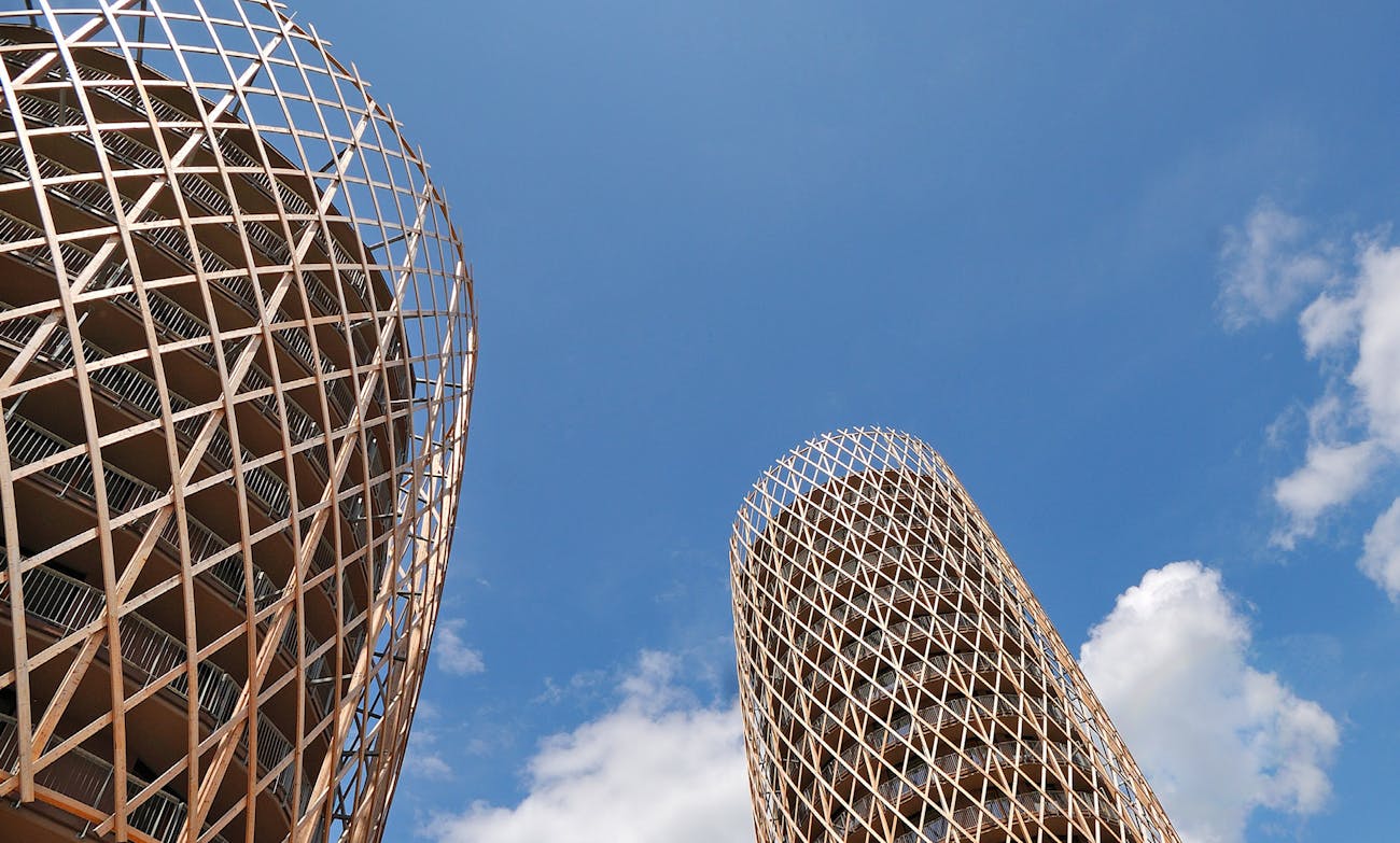 Timber-built high-rise towers soar into blue skies