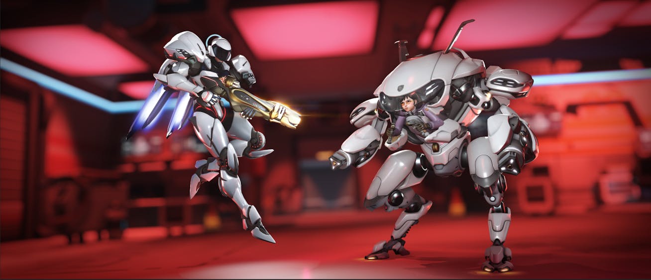 D.Va and Pharah from Overwatch 2 wearing Porsche-inspired skins.