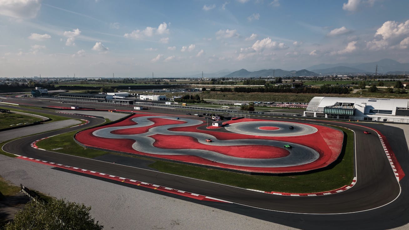 Overhead view of Porsche Experience Center track at Franciacorta, Italy