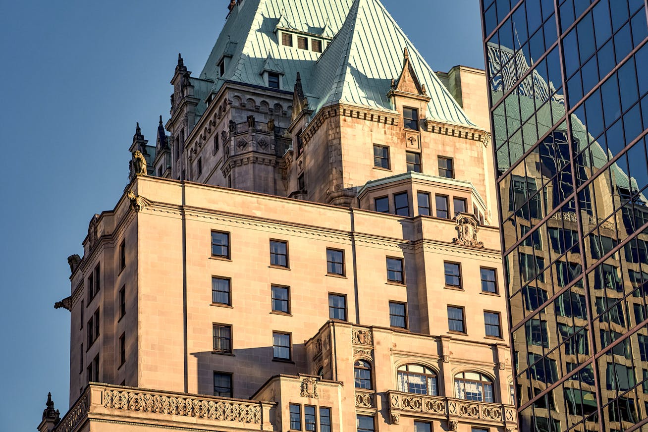 Closeup of the Fairmont Hotel, Vancouver, with its green copper roof