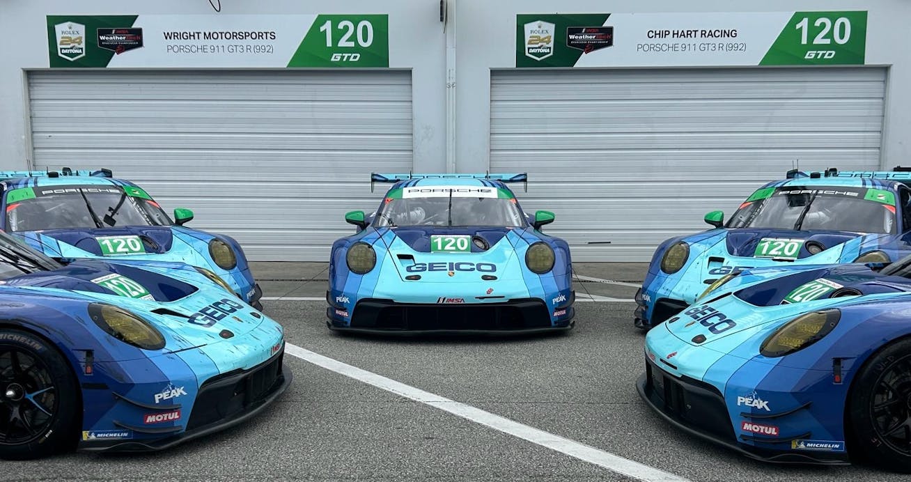 The Chip Hart Racing Porsche 911 GT3 R racecars provided for filming in Daytona.