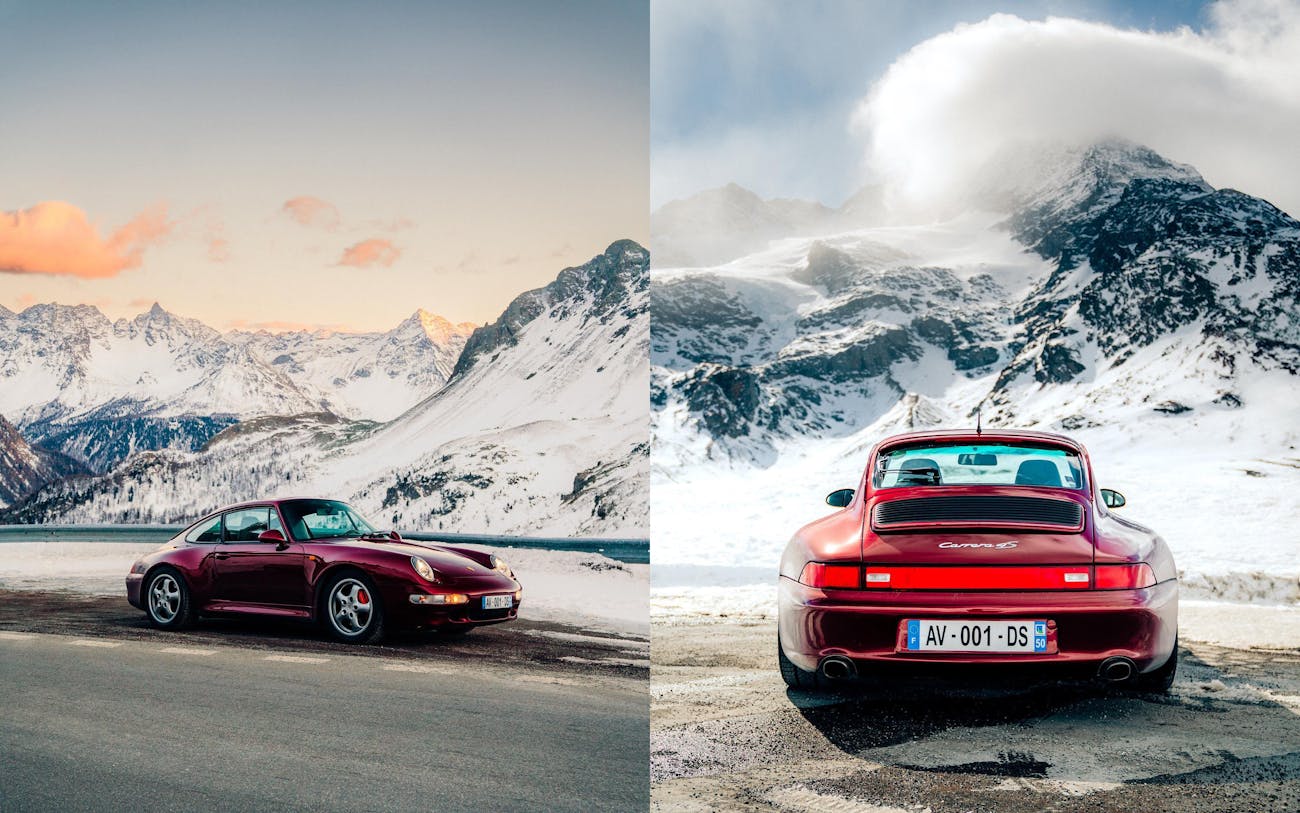 Two pictures of Arena red Porsche 911 in front of snow-covered mountains