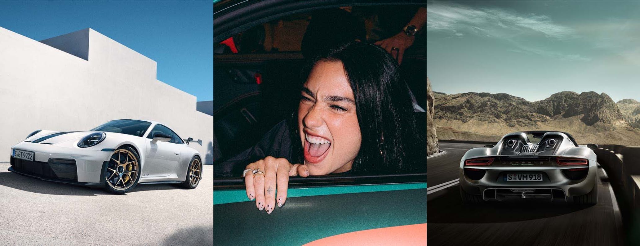 Composite image of Porsche 911 GT3, Dua Lipa in a Porsche 911 and a Porsche 918 Spyder 