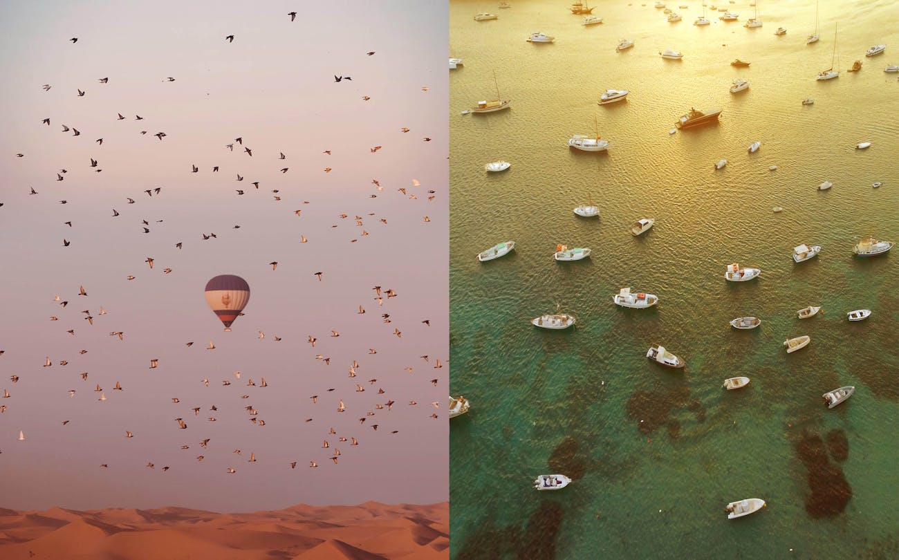 Boats in the sunset. Hot air balloon flying over desert.