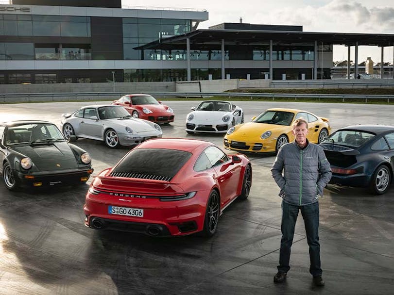 Walter Röhrl with different generations of Porsche 911 Turbo