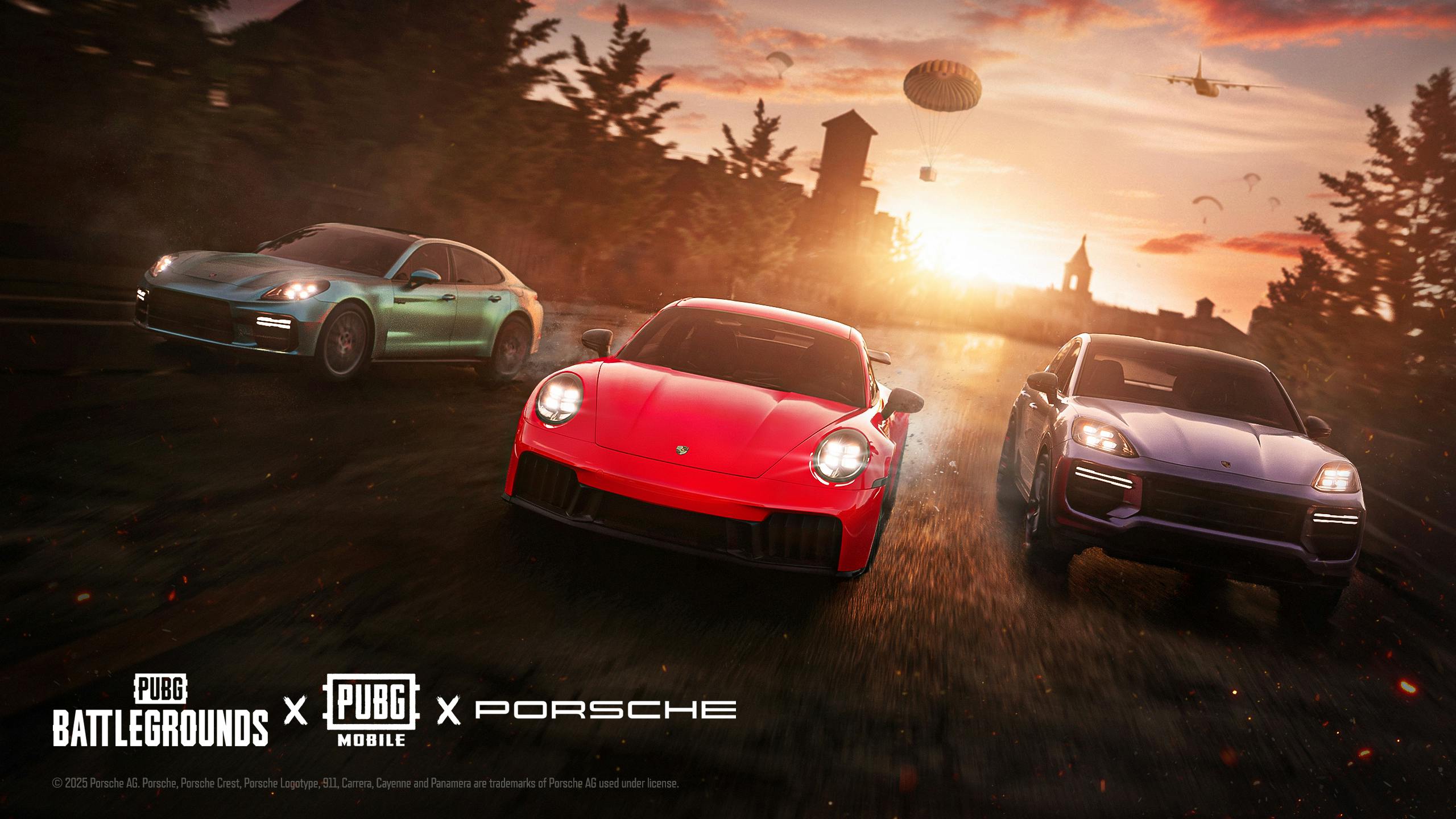 Game poster from PUBG Battlegrounds/PUBG Mobile featuring three Porsche cars on the cover