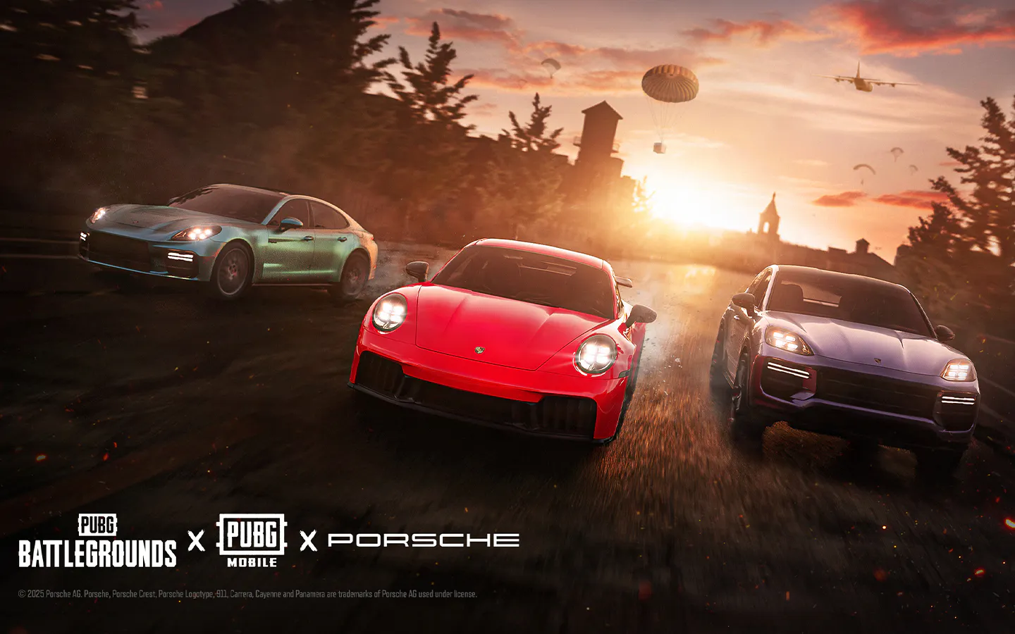 Game poster from PUBG Battlegrounds/PUBG Mobile featuring three Porsche cars on the cover