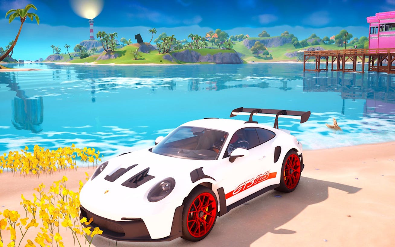 Porsche 911 GT3 RS in meadow in Fortnite video game