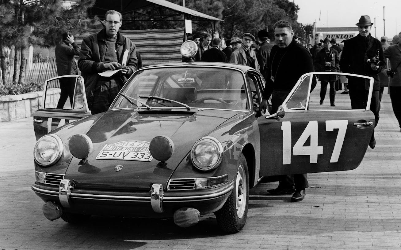Herbert Linge and Peter Falk with Porsche Monte Carlo 911