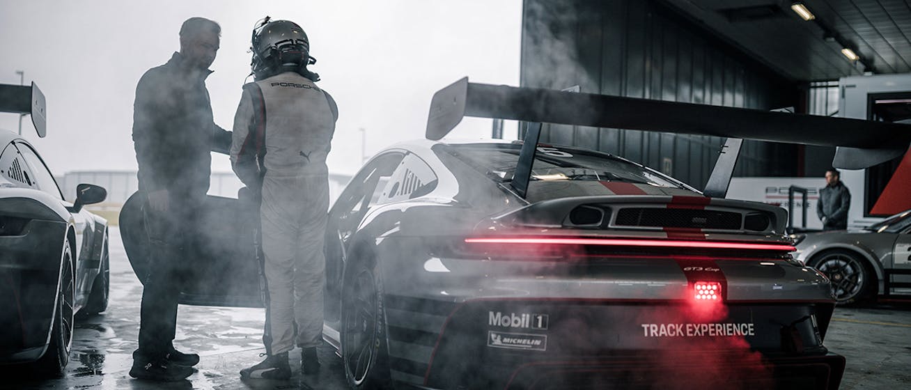 Porsche 911 GT3 R in pits at Porsche Track Experience