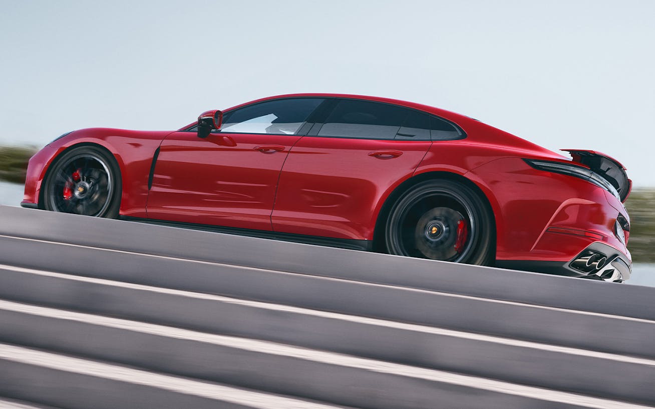 Red Porsche Panamera GTS shot from below ground level