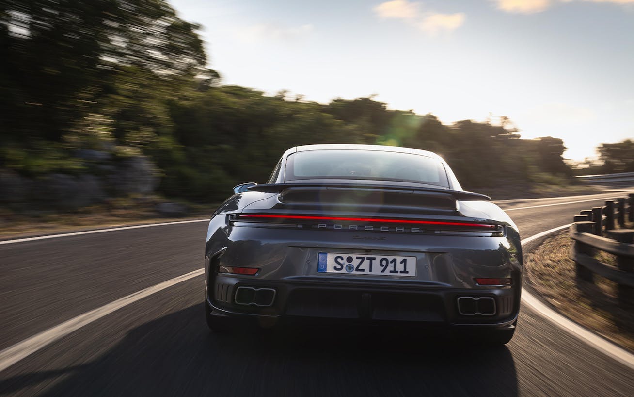 Rear of Porsche 911 Turbo S Coupé (type 992.2) cornering