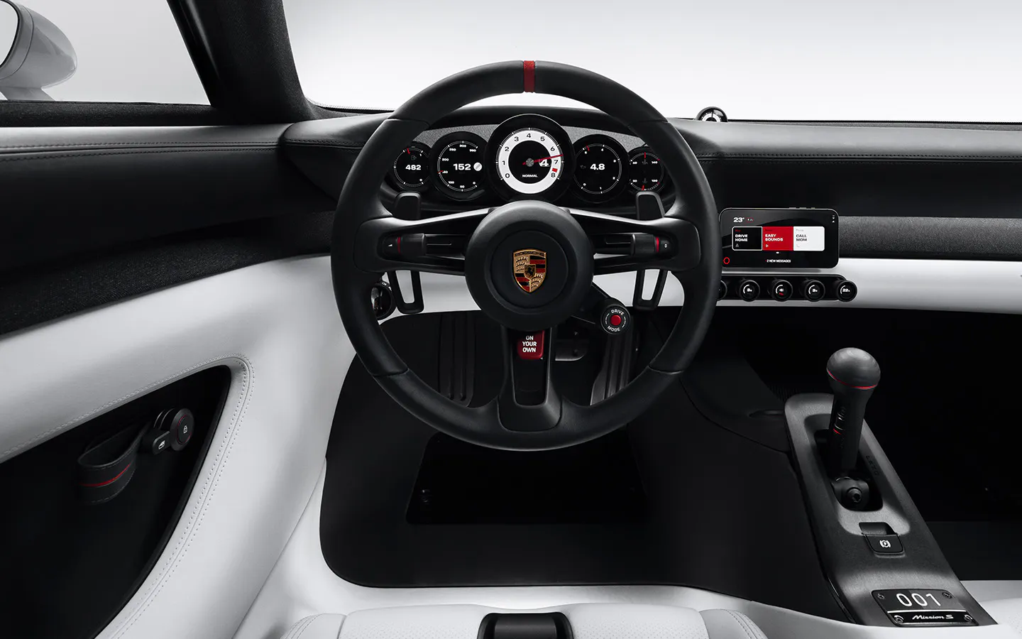 Interior of Porsche Mission S vision model showing driver’s cockpit with steering wheel focus