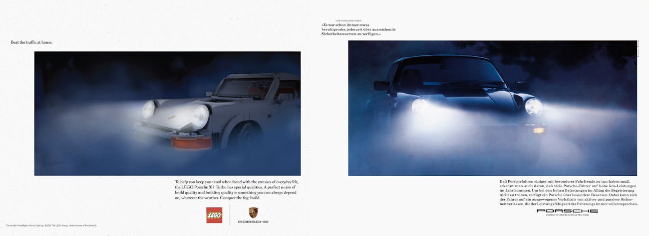 LEGO Porsche 911 Turbo (930) ‘fog’ ad juxtaposed with original