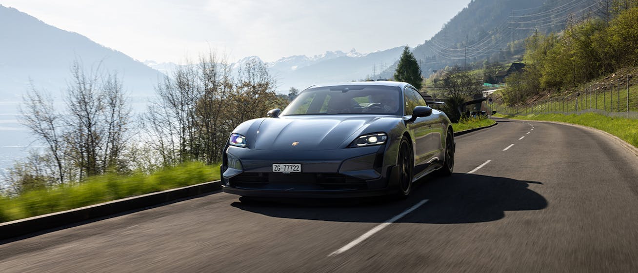 Taycan Turbo GT with Weissach package on Swiss valley road