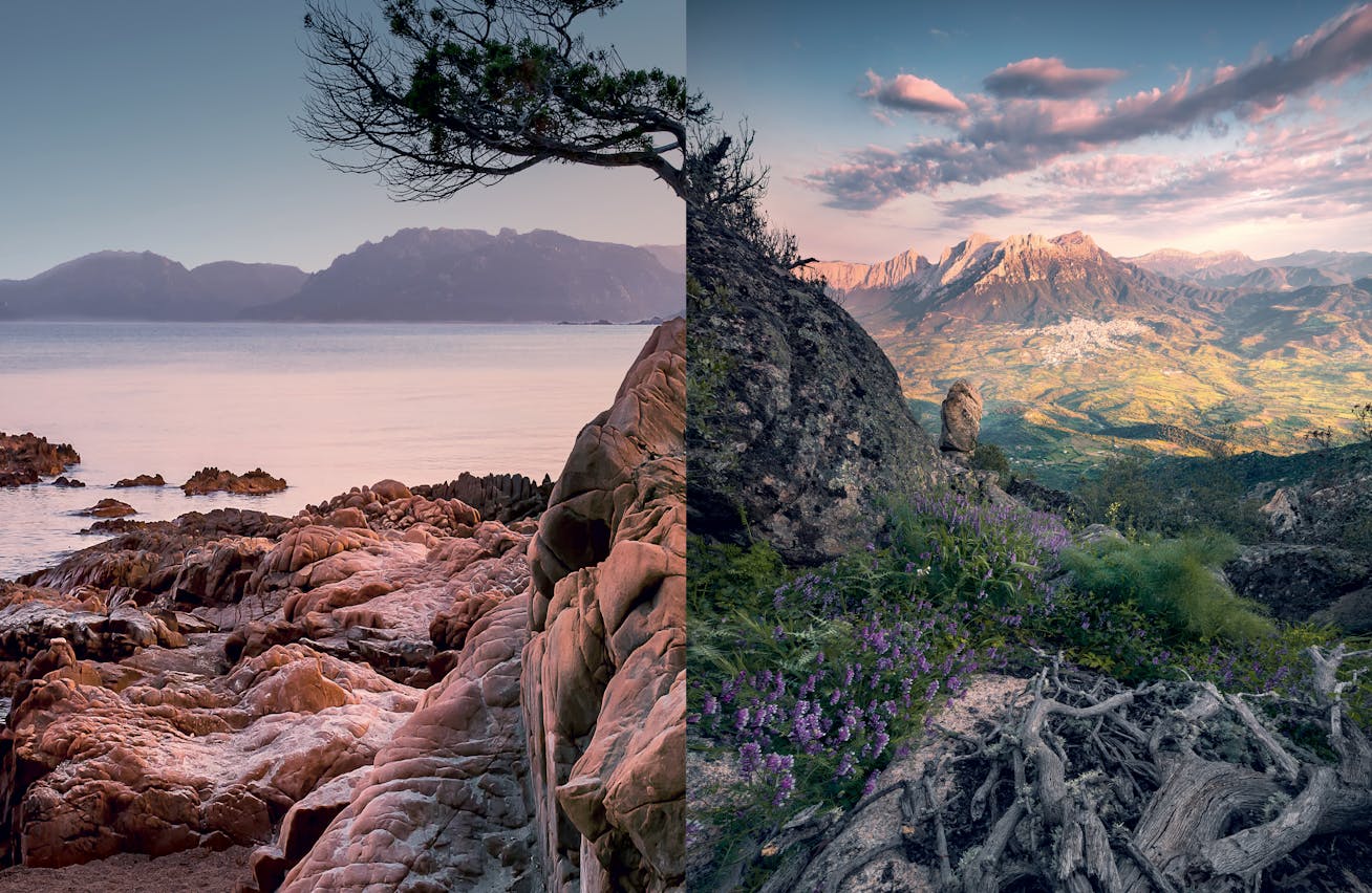 Porsche Travel Experience_composite image of Palombaggia beach, Corsica and the peaks of Monte Corrasi, Sardinia