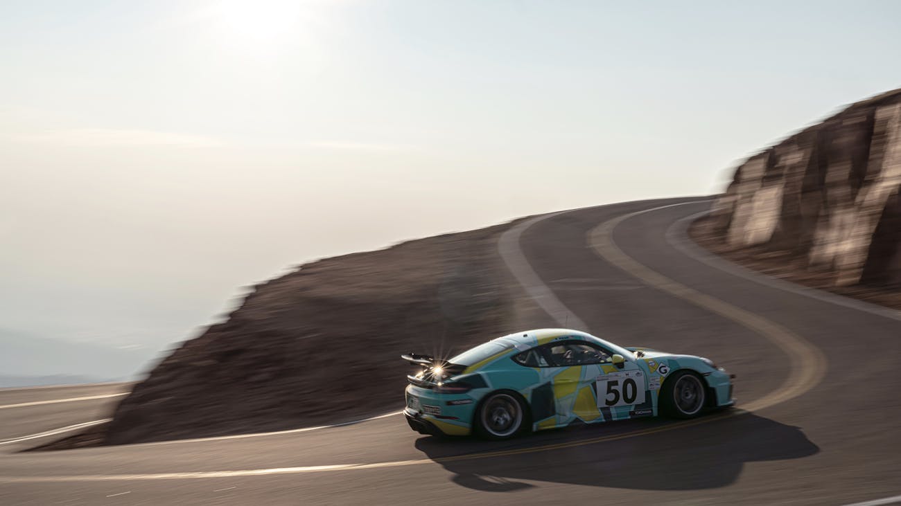 Porsche Cayman GT4 Clubsport tackles a bend at Pikes Peak