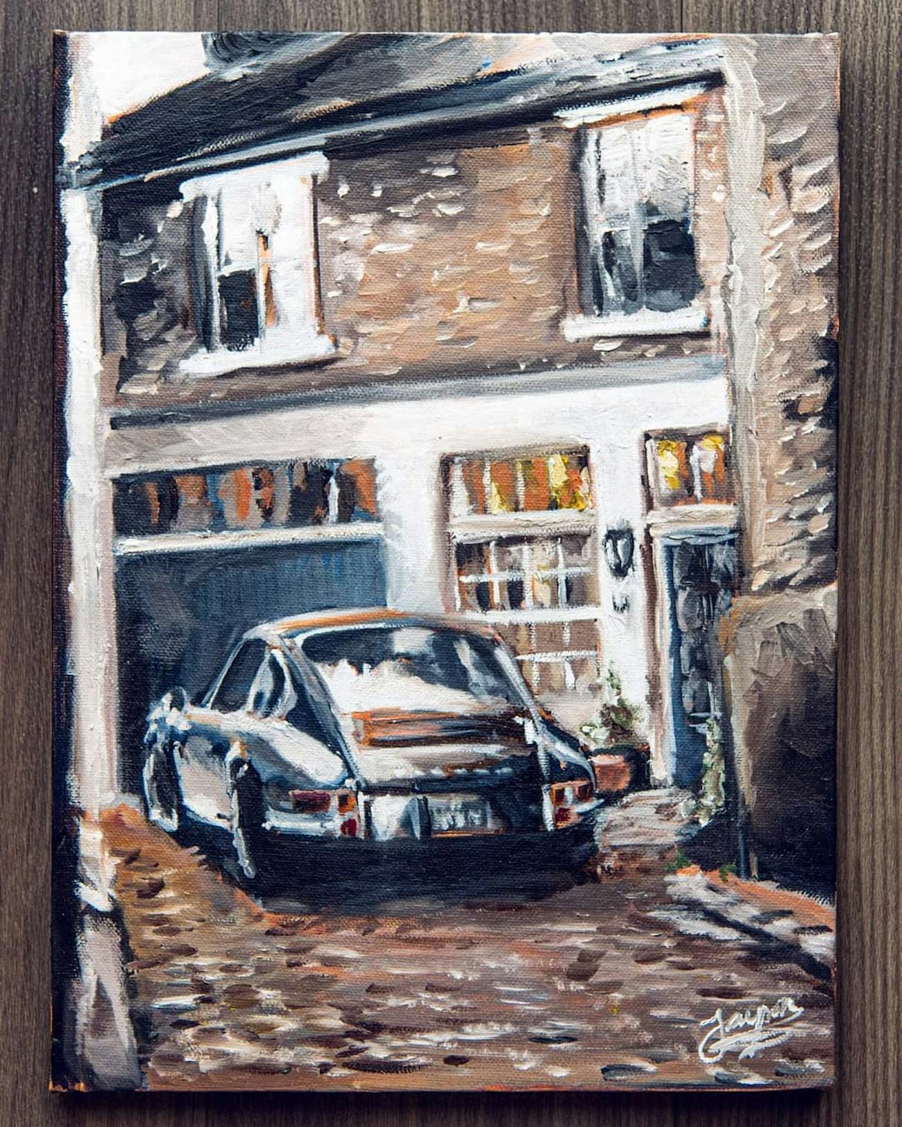 Oil painting of classic Porsche 911 on cobbled street