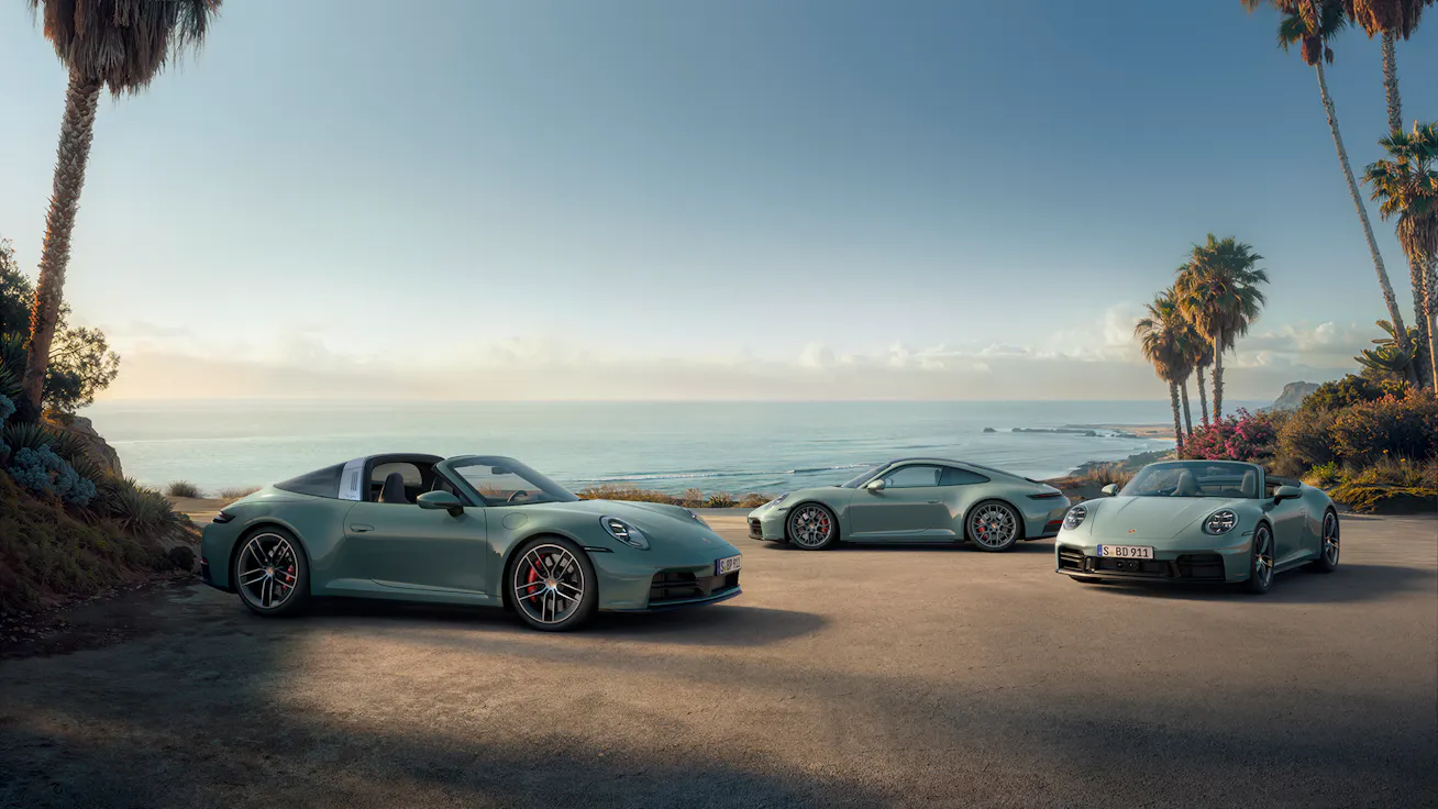 Image showing Porsche 911 range parked beside coast