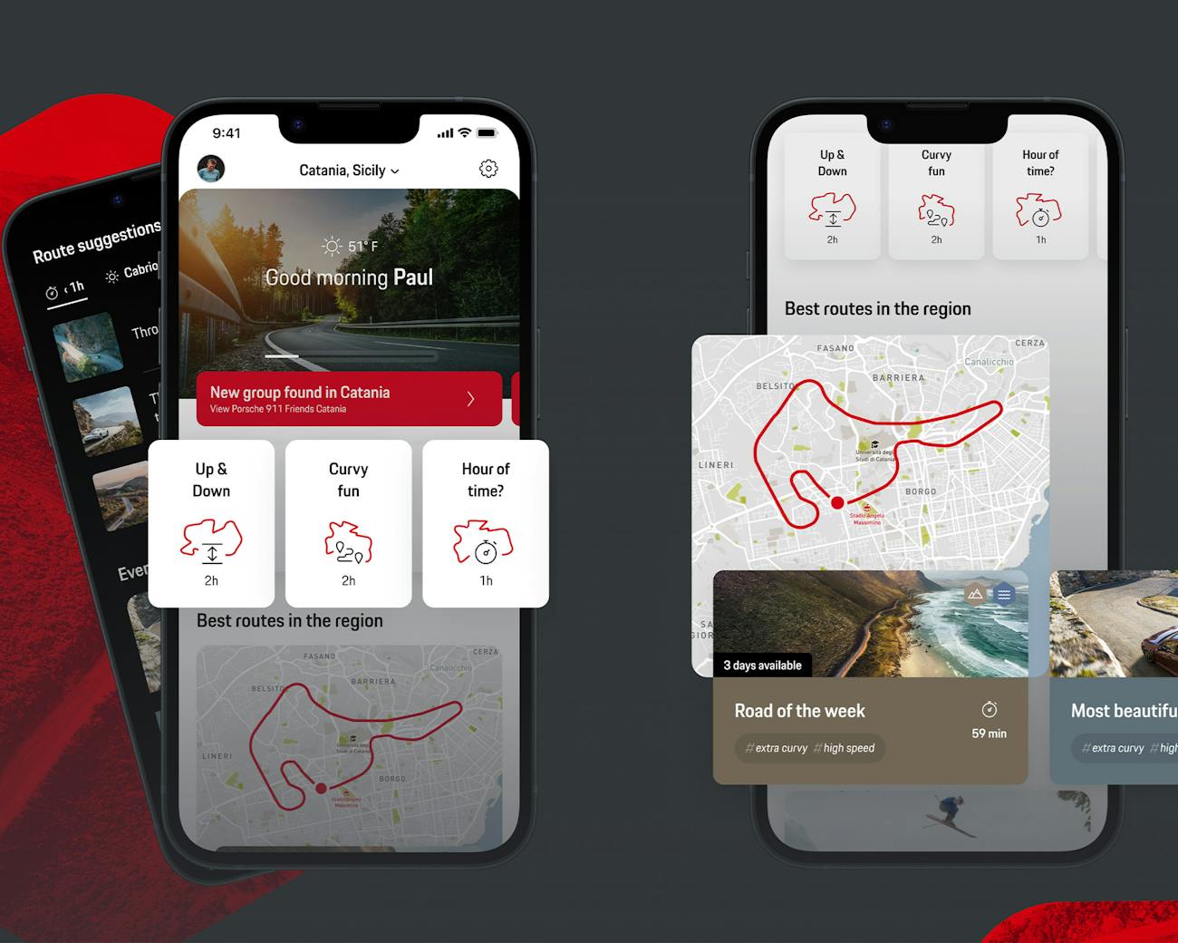 Two mobile phones showing ROADS by Porsche app on screen