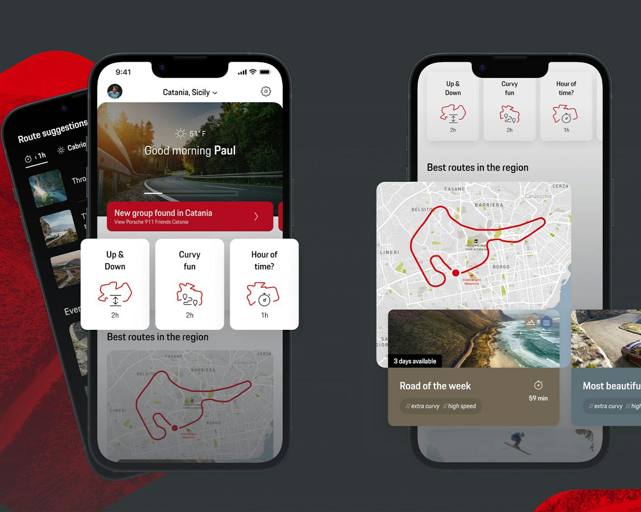 Two mobile phones showing ROADS by Porsche app on screen