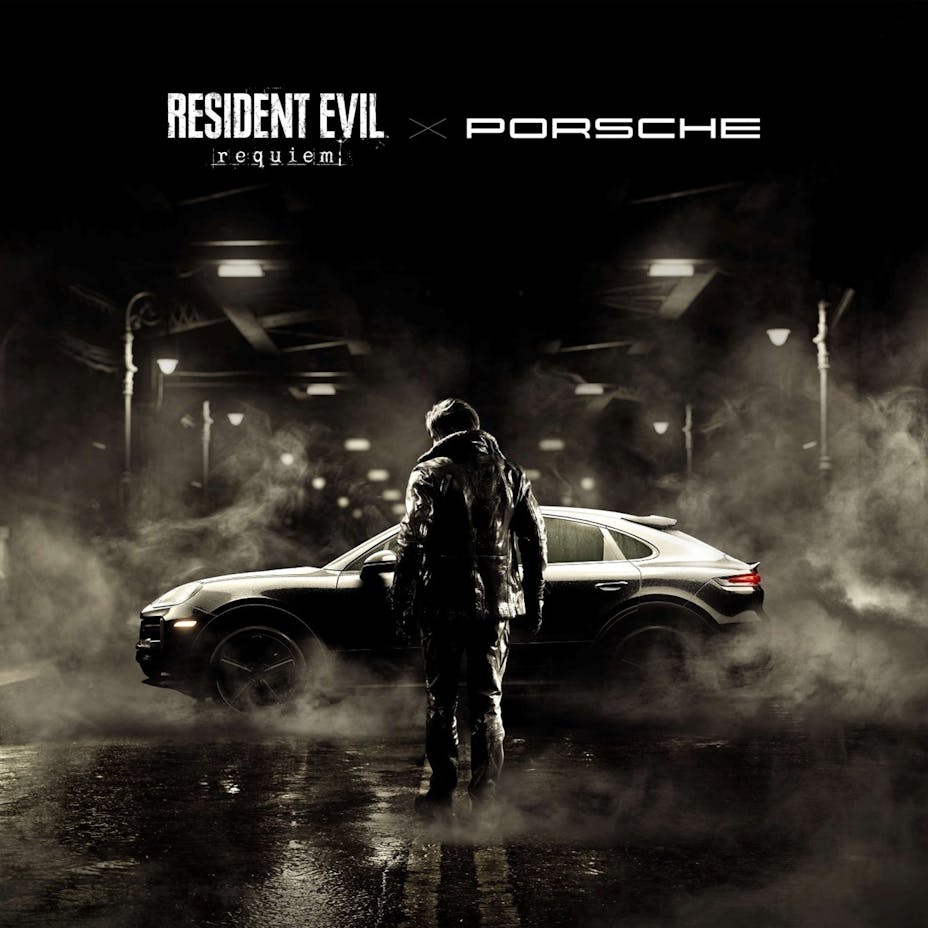 Game poster of Resident Evil 9: Requiem showing a Porsche Cayenne Turbo GT