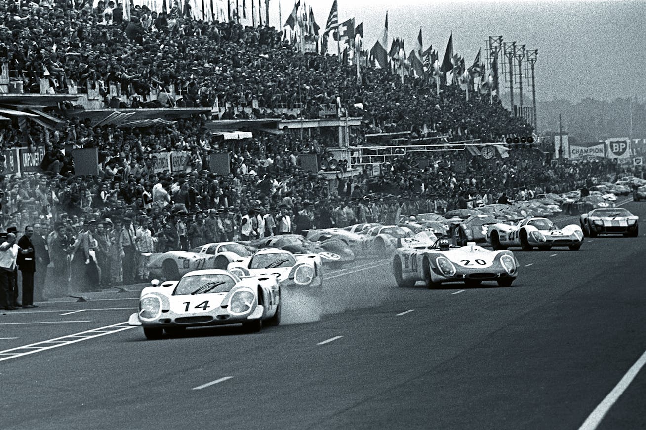 Period photo of Porsche race cars at the start of the 24 Hours of Le Mans in 1969