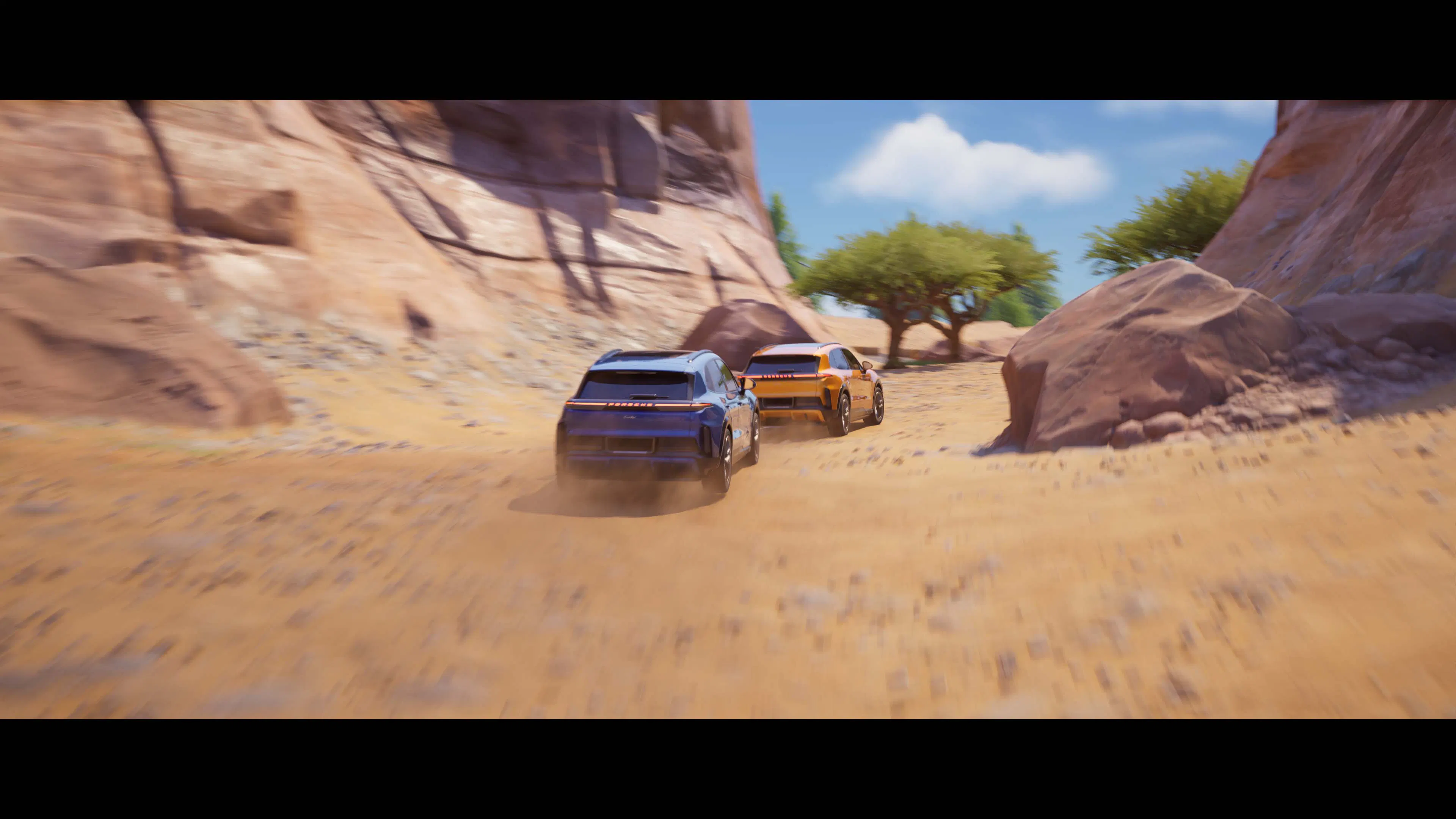 Two Porsche Cayenne Turbo Electric SUVs race in Fortnite