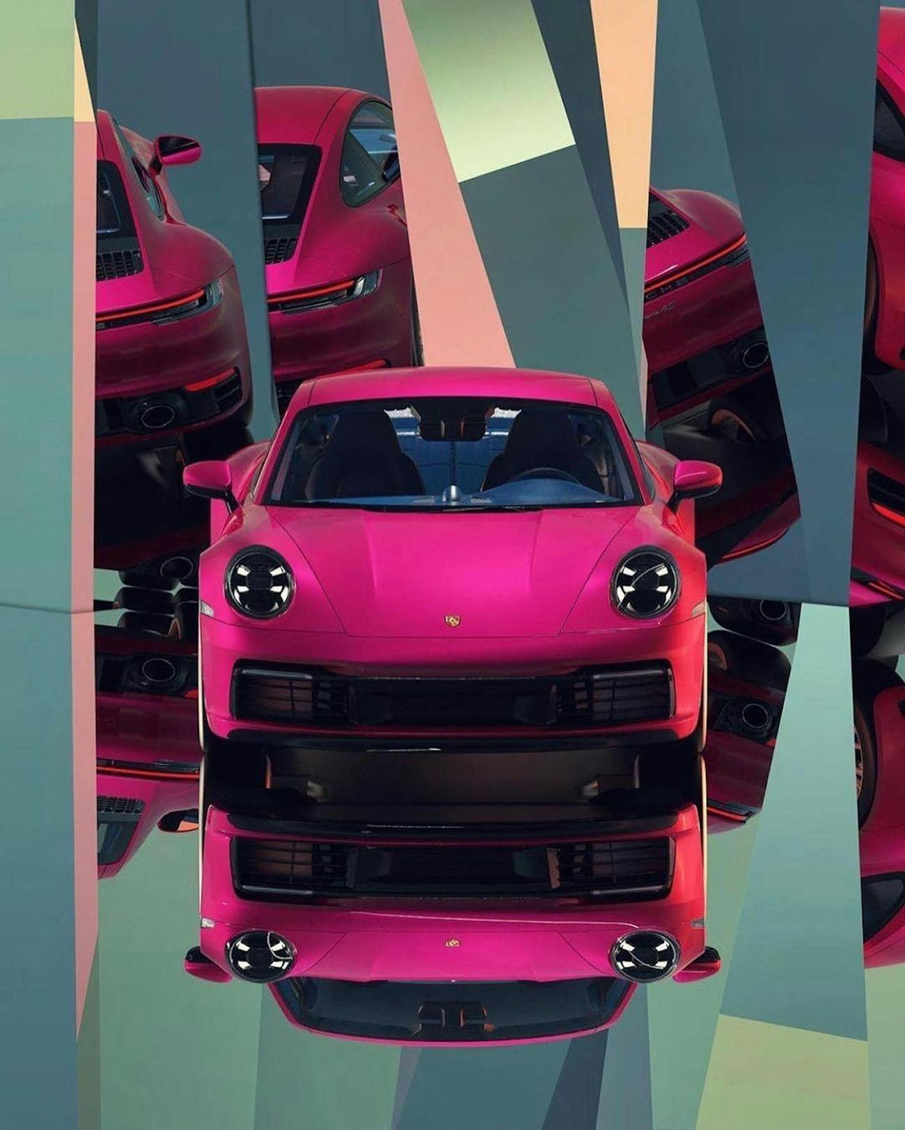 Kaleidoscopic fuchsia pink Porsche reflected in cubist style