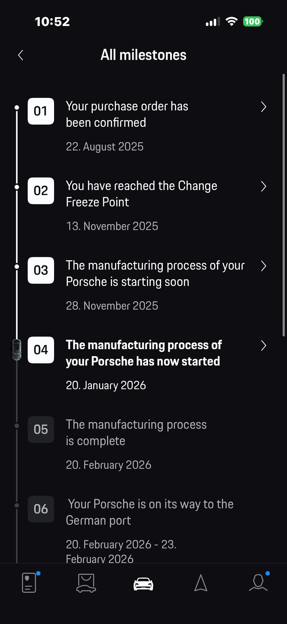 Screenshot from the My Porsche app showing the progress of a new car order in Track Your Dream