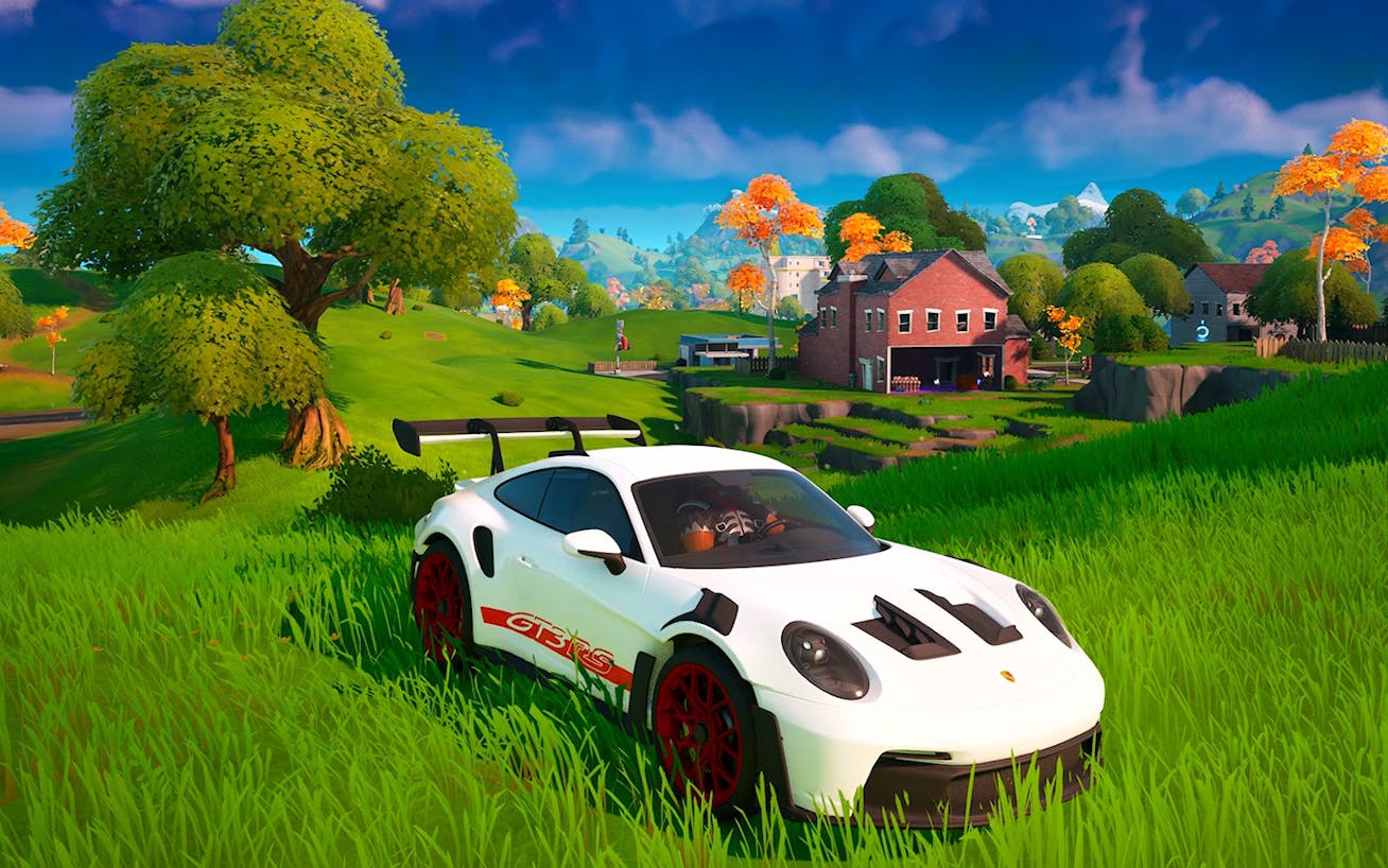 Porsche 911 GT3 RS in meadow in Fortnite video game