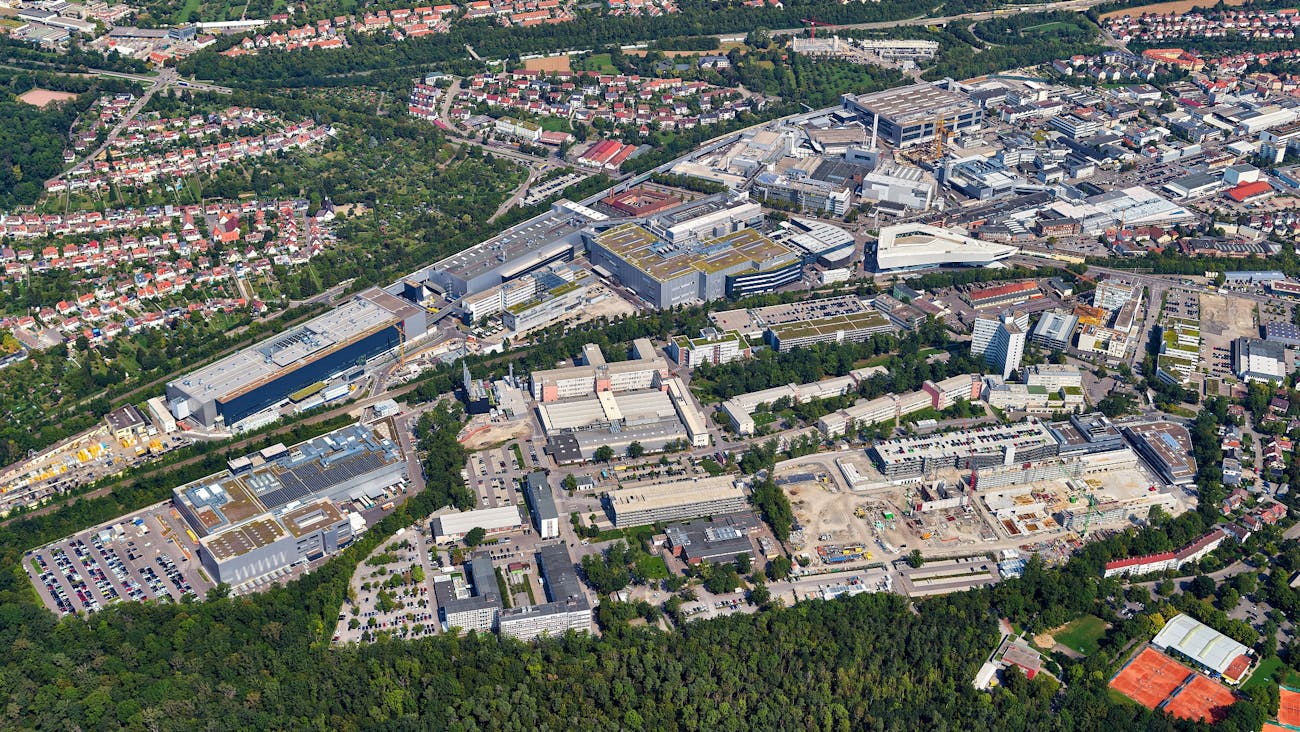 A view of the Porsche Zuffenhausen factory complex from above