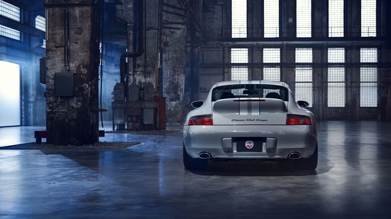 911 Classic Club Coupe rear view in industrial building scene