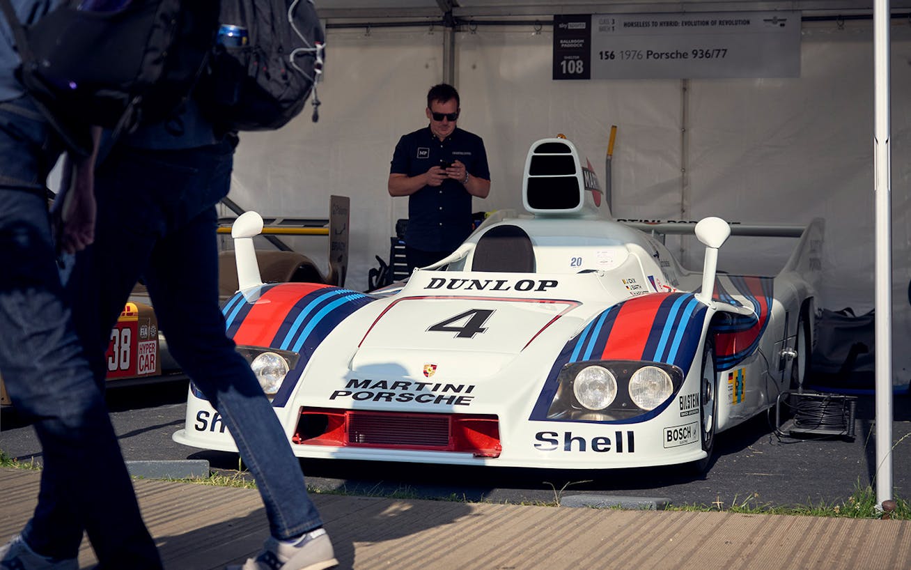 1977 Porsche 936 in a garage with Martini Racing livery