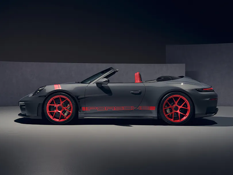 Side profile of 911 GT3 S:C with Street Style Package in Slate Grey and Guards Red in a studio hero thumbnail